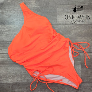 Adisputent One Shoulder Ruched One Piece Swimsuit Neon Coral Size XL