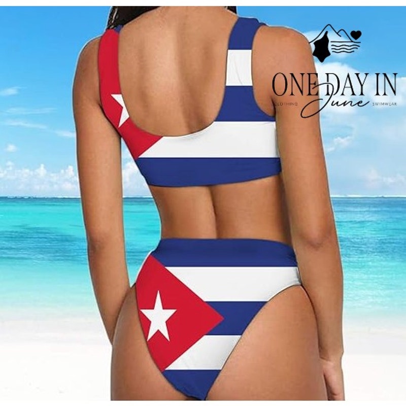 Adisputent Puerto Rico Flag Crop Top Bikini Swimsuit Red White Blue Size S