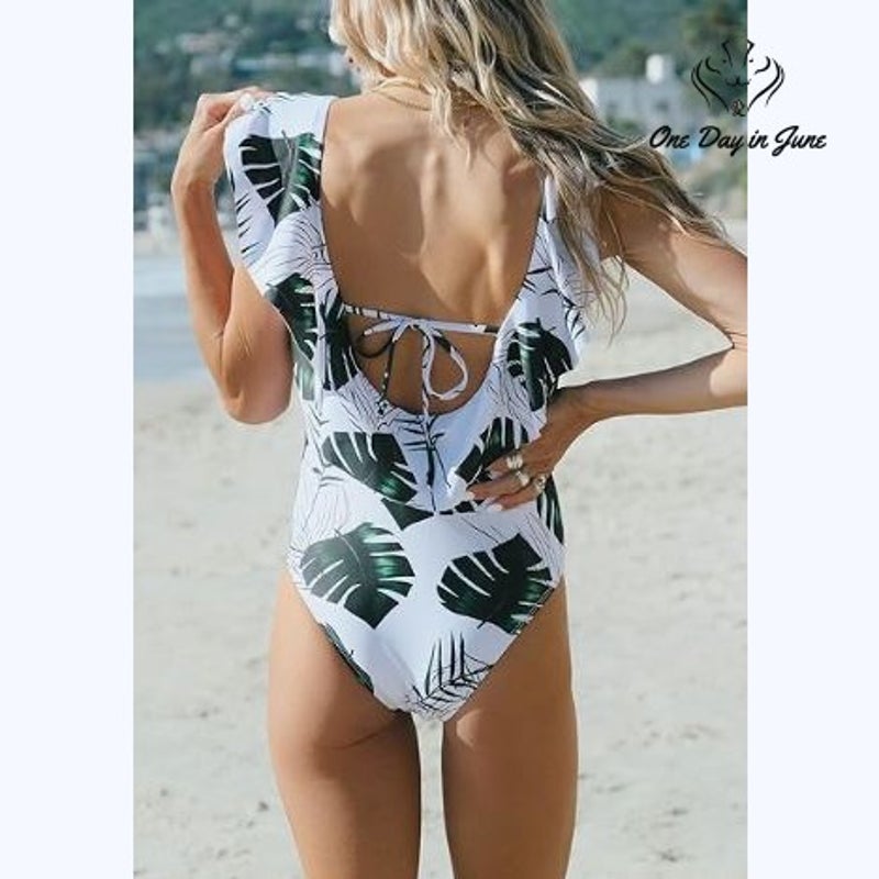 Sporlike Ruffle V Neck One Piece Swimsuit Green Tropical Leaf NWT Size L