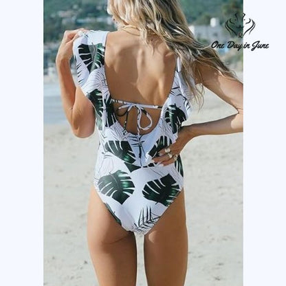 Sporlike Ruffle V Neck One Piece Swimsuit Green Tropical Leaf NWT Size L