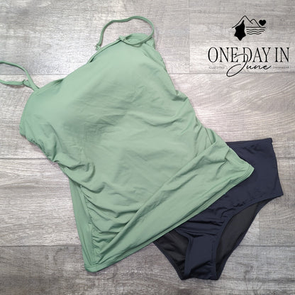 Aqua Eve Bandeau Tankini Swimsuit Green Black Tummy Control NWT Size L