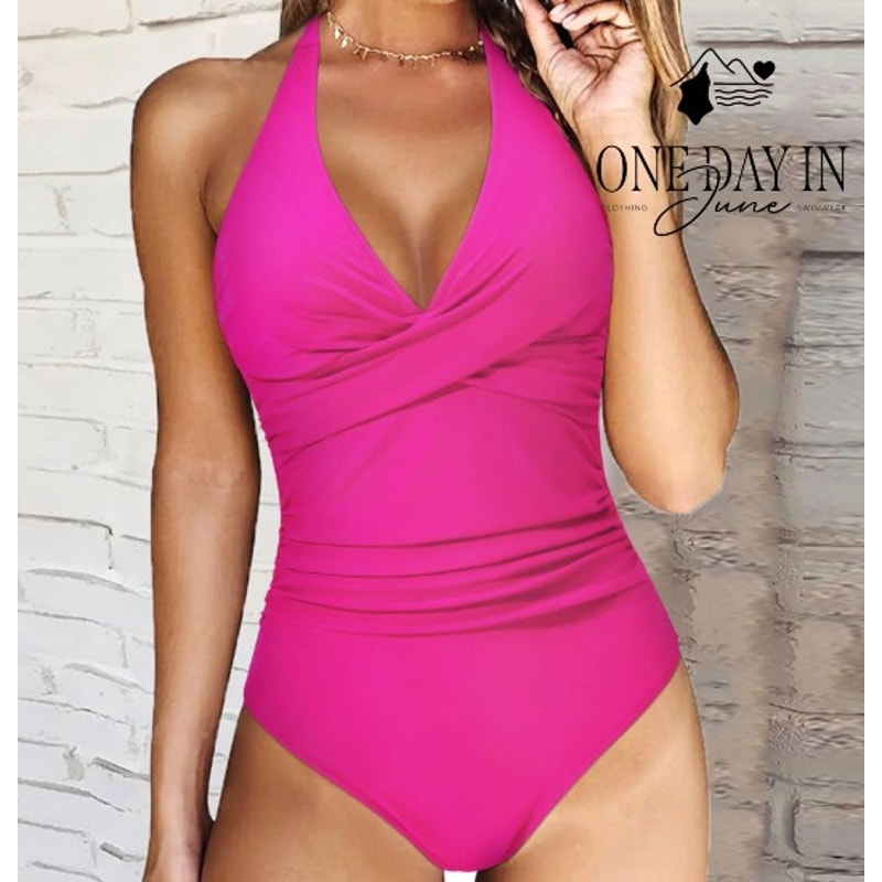 Suuksess Cross Front Halter One Piece Swimsuit Hot Pink Ruched Size M