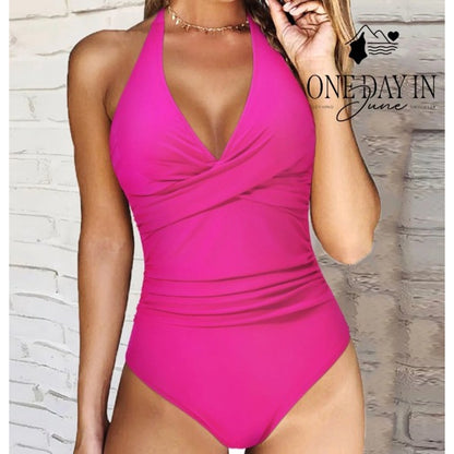 Suuksess Cross Front Halter One Piece Swimsuit Hot Pink Ruched Size M