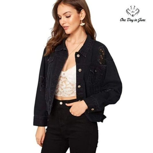 Floerns Ripped Distressed Casual Long Sleeve Denim Jacket Size M