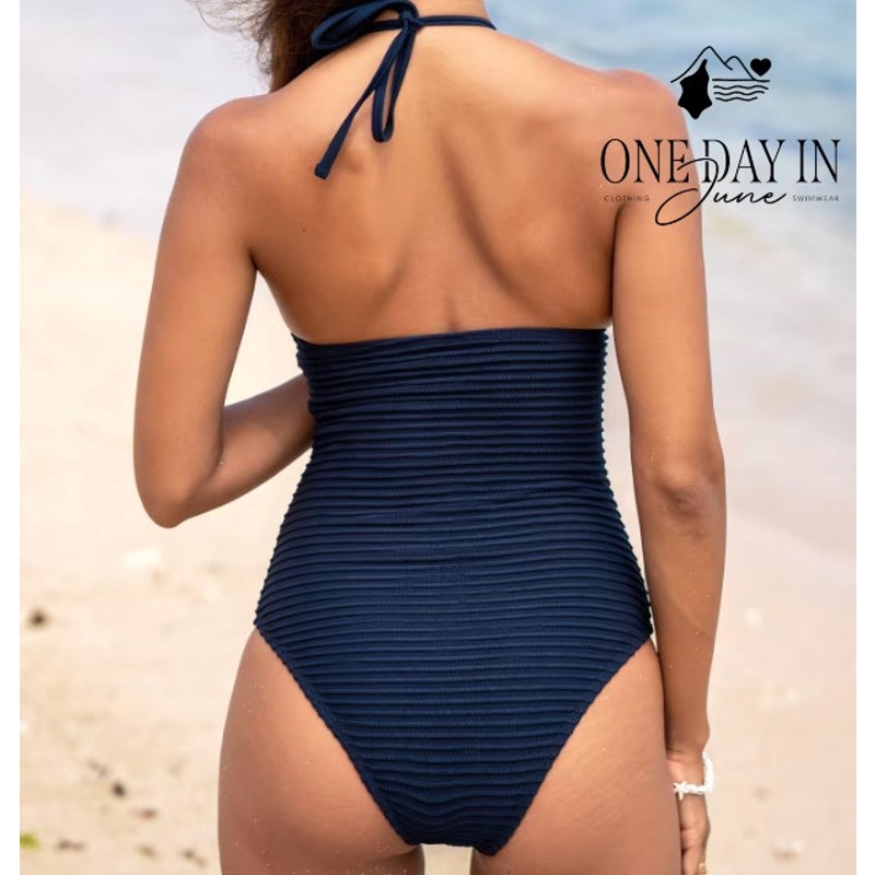 Cupshe One Piece Swimsuit Navy Blue Scallop V Neck Textured NWT Size M