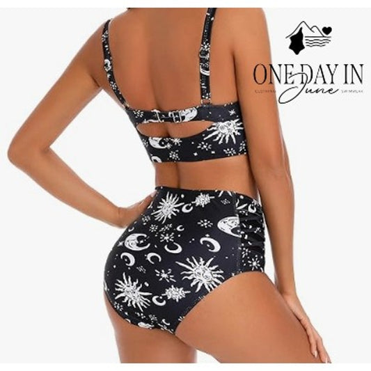 Aleumdr Celestial Print Cage Front High Waist Bikini Black White Size XL
