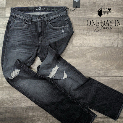7 For All Mankind The Straight Jeans Black Distressed Straight NWT Size 28X34