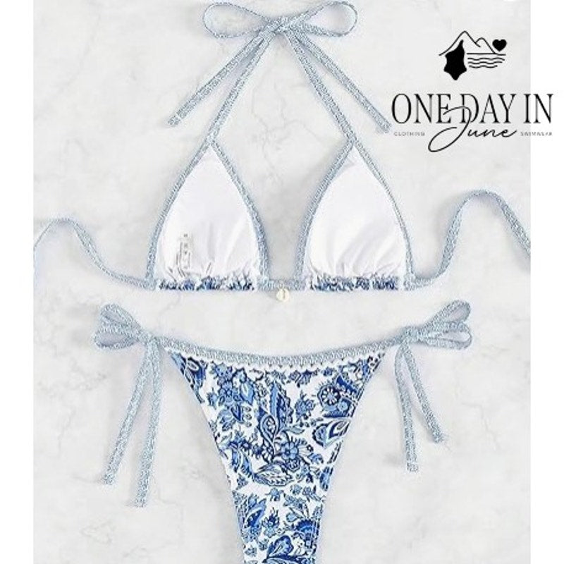 Volafa Smocked Triangle Tie Side Cheeky Bikini Swimsuit Blue Floral Size L