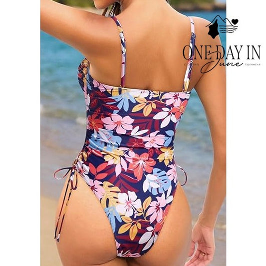 Yonique Floral Ruched One Piece Swimsuit Size M