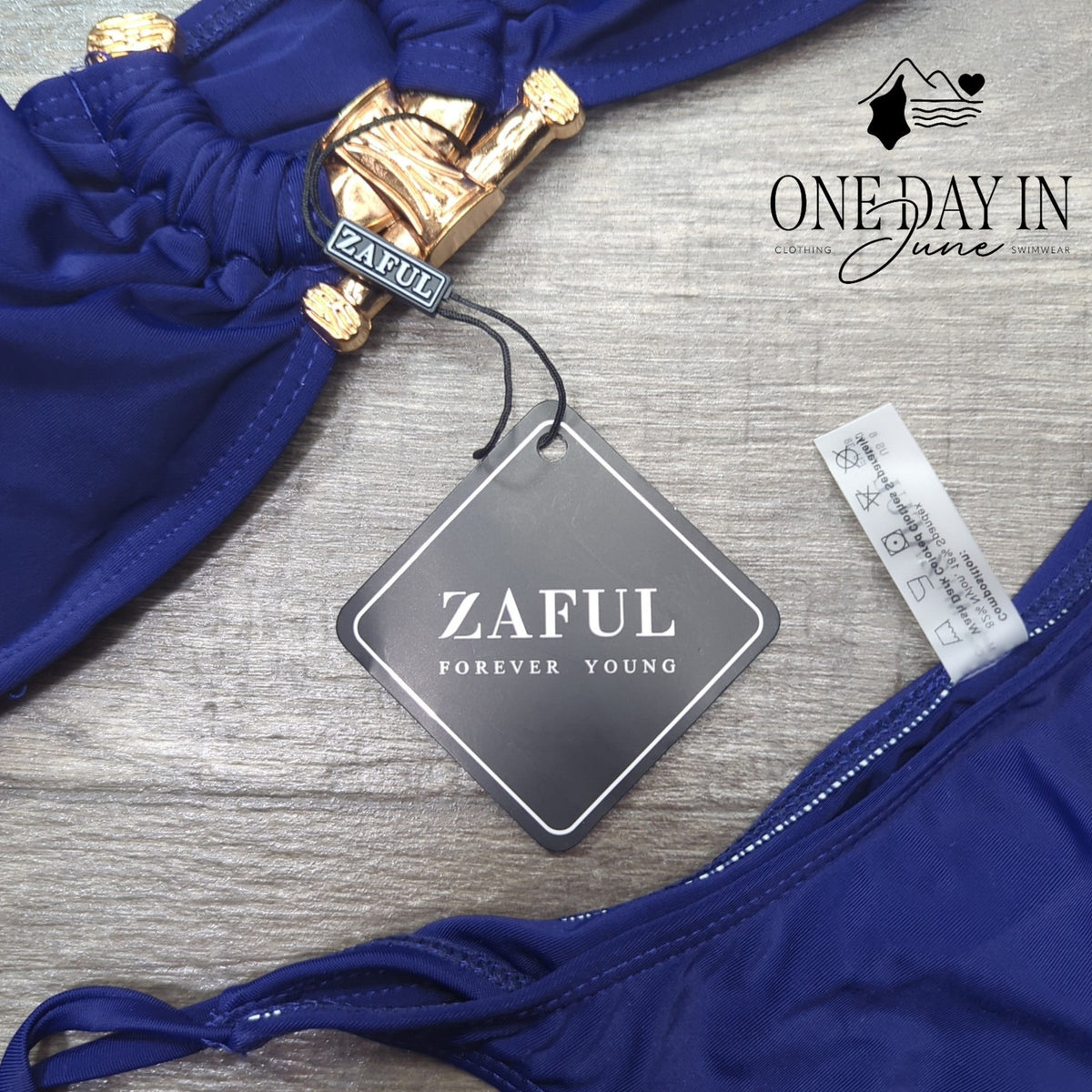 Zaful Bandeau Tie Side Bikini Swimsuit Navy Blue Gold Hardware NWT Size M