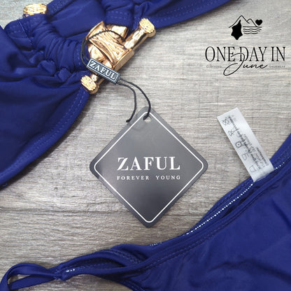 Zaful Bandeau Tie Side Bikini Swimsuit Navy Blue Gold Hardware NWT Size M