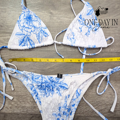Volafa Smocked Triangle Tie Side Cheeky Bikini Swimsuit Blue Floral Size L