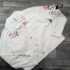 Dolan Anthropologie Floral Embroidered Denim Jacket Cream Size XL