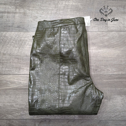 MNG Mango Cassie Faux Croc Leather Straight Leg Pants Olive Green NWT Size 12