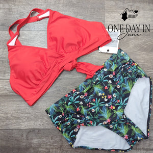 Hanna Nikole Bikini Swimsuit Coral Tropical Floral High Waist Tie NWT Size XL