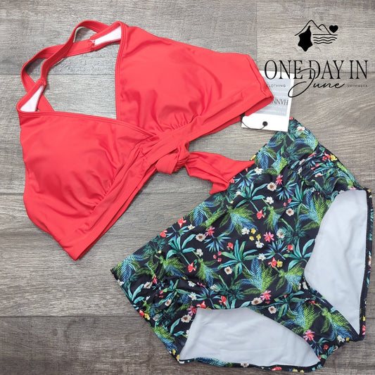 Hanna Nikole Bikini Swimsuit Coral Tropical Floral High Waist Tie NWT Size XL
