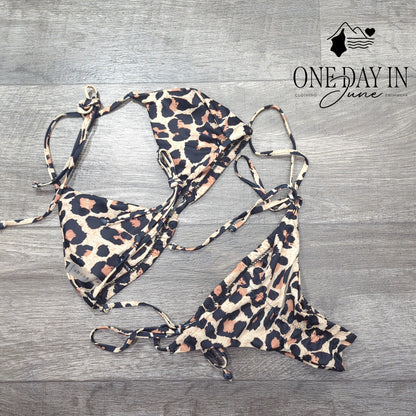 CharmLeaks Leopard Triangle Tie Side Ruched Bikini Swimsuit Size S