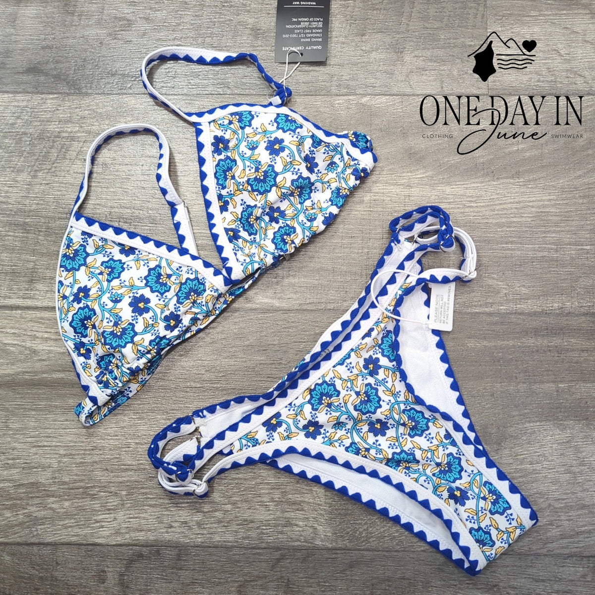Bikinx Floral Triangle Bikini Swimsuit Blue White Cheeky NWT Size M