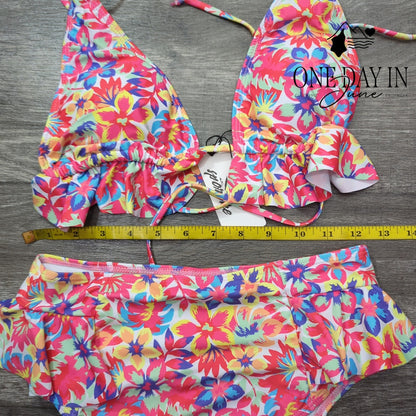 Sporlike Womens Floral Ruffle Triangle High Waist Bikini Swimsuit NWT Size S