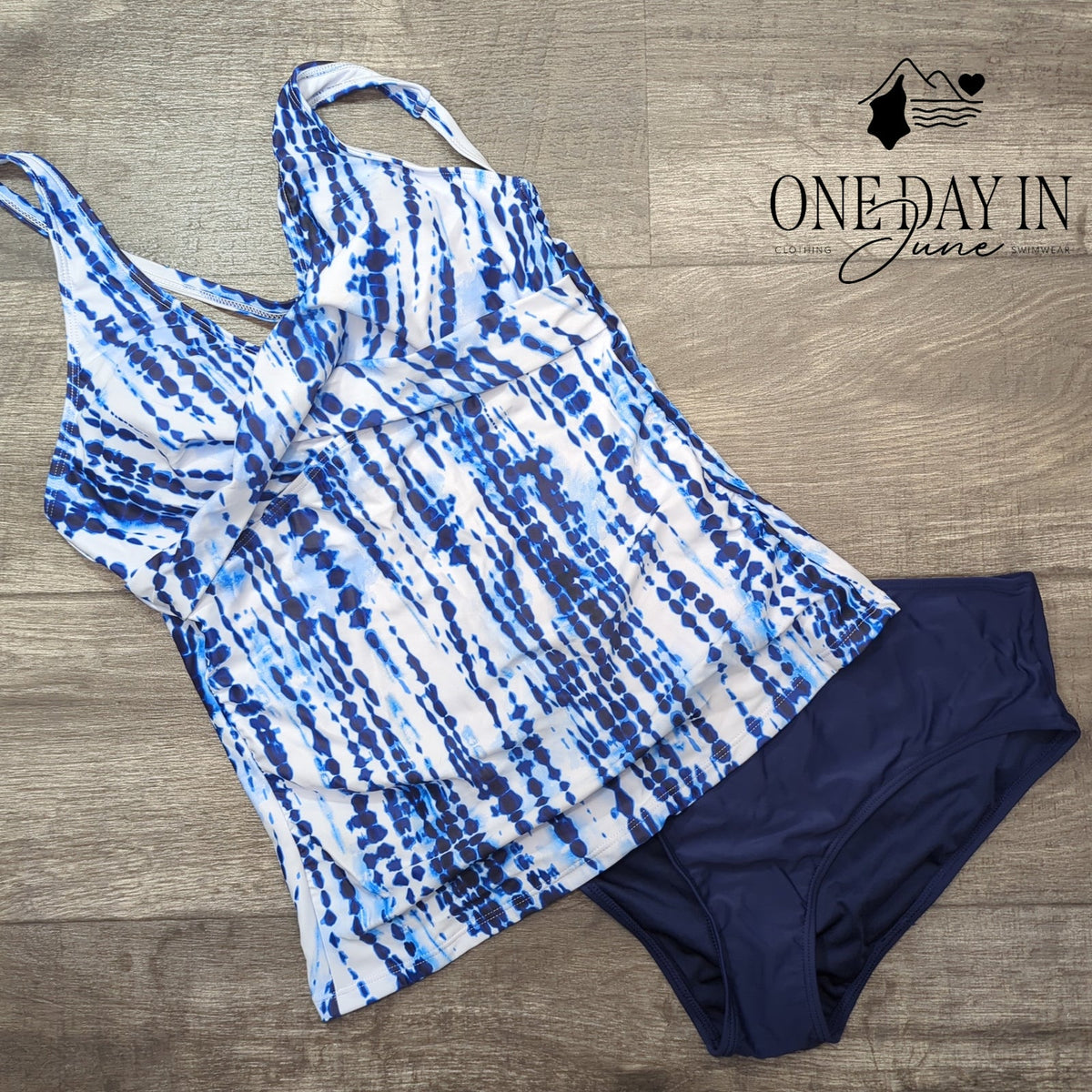 Yonique Cross Back Tankini Swimsuit Blue White Tie Dye NWT Size M