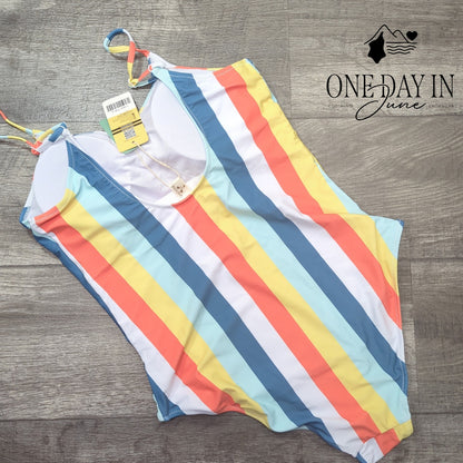 Shekini Retro Striped High Cut Low Back One Piece Swimsuit NWT Size L