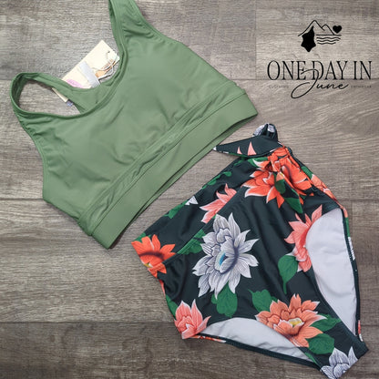 Dokotoo Green Floral High Waist Bikini Crop Top 2 Piece Swimsuit NWT Size S