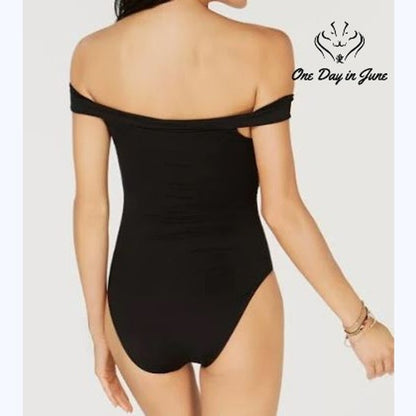 Bar III Core Solids Off Shoulder Lace Up One Piece Swimsuit Black NWT Size M