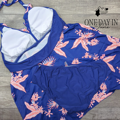 CharmLeaks Plus Size Halter Swimdress Tankini Swimsuit Blue Floral Size 4XL