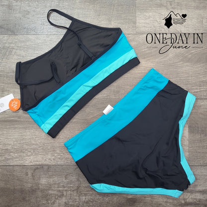 Charmo Colorblock Crop Top Bikini Swimsuit Blue Black High Waist NWT Size L