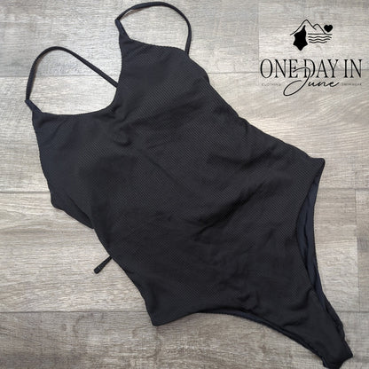 Zaful Lace Up Back High Cut Ribbed One Piece Swimsuit Size L