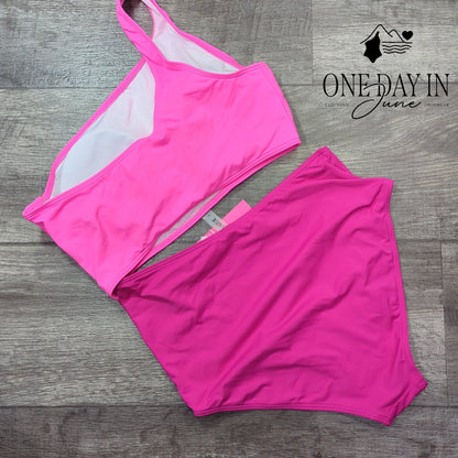 Yonique One Shoulder Cutout One Piece Swimsuit Hot Pink Colorblock NWT Size M