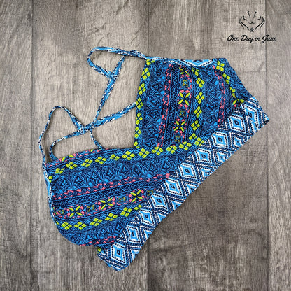 Coastal Blue Banded Wrapped Font Bikini Top Swimsuit Size L (12-14)