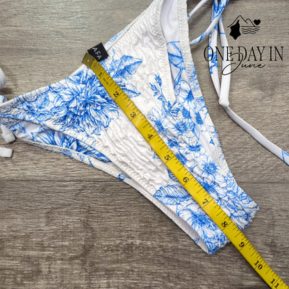 Volafa Smocked Triangle Tie Side Cheeky Bikini Swimsuit Blue Floral Size L