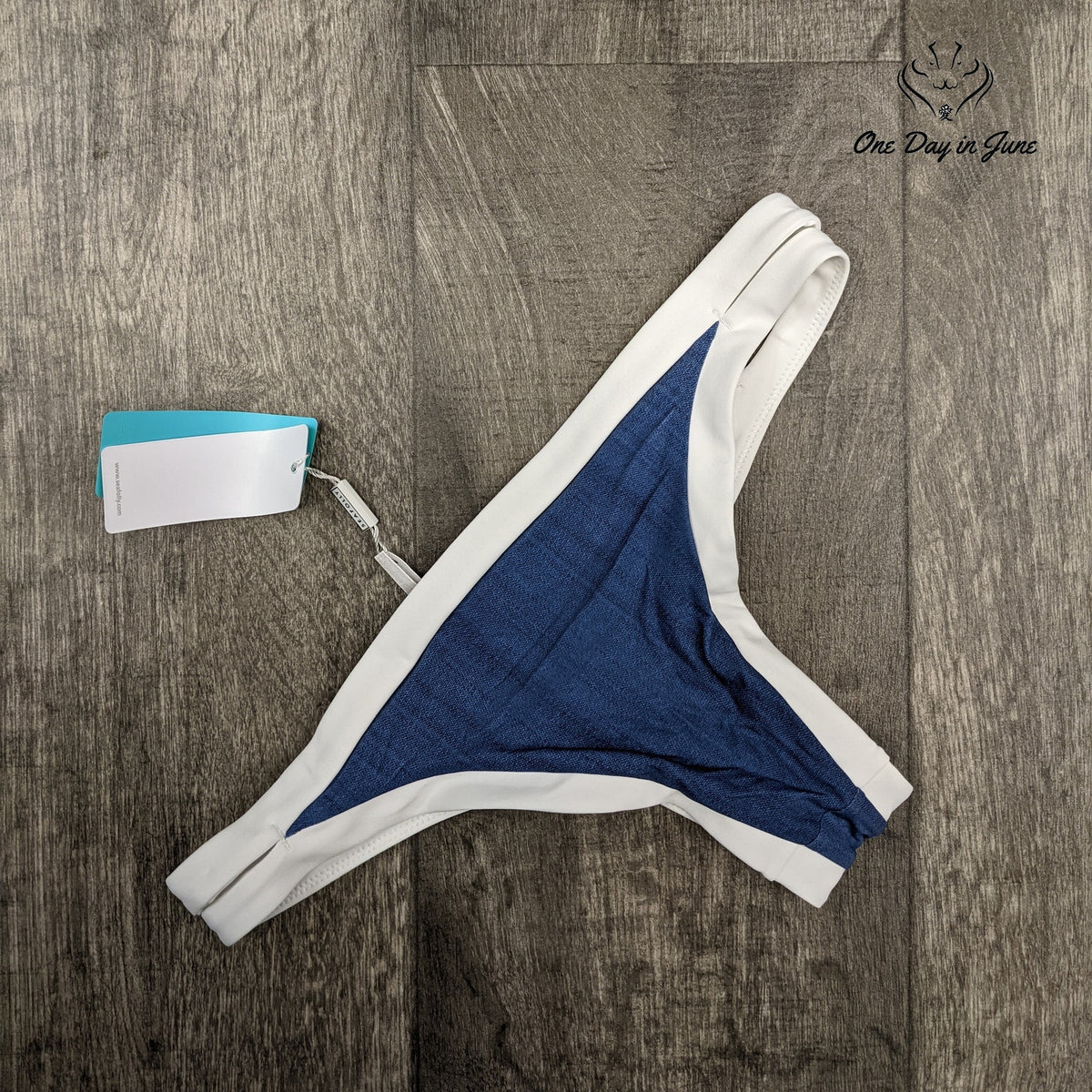 Seafolly Block Party Brazilian Bikini Bottom Denim Blue White NWT Size 2