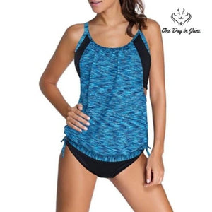 Dokotoo Double Up Tankini Swimsuit Blue Black Blouson Tie Side 2 Piece Size S