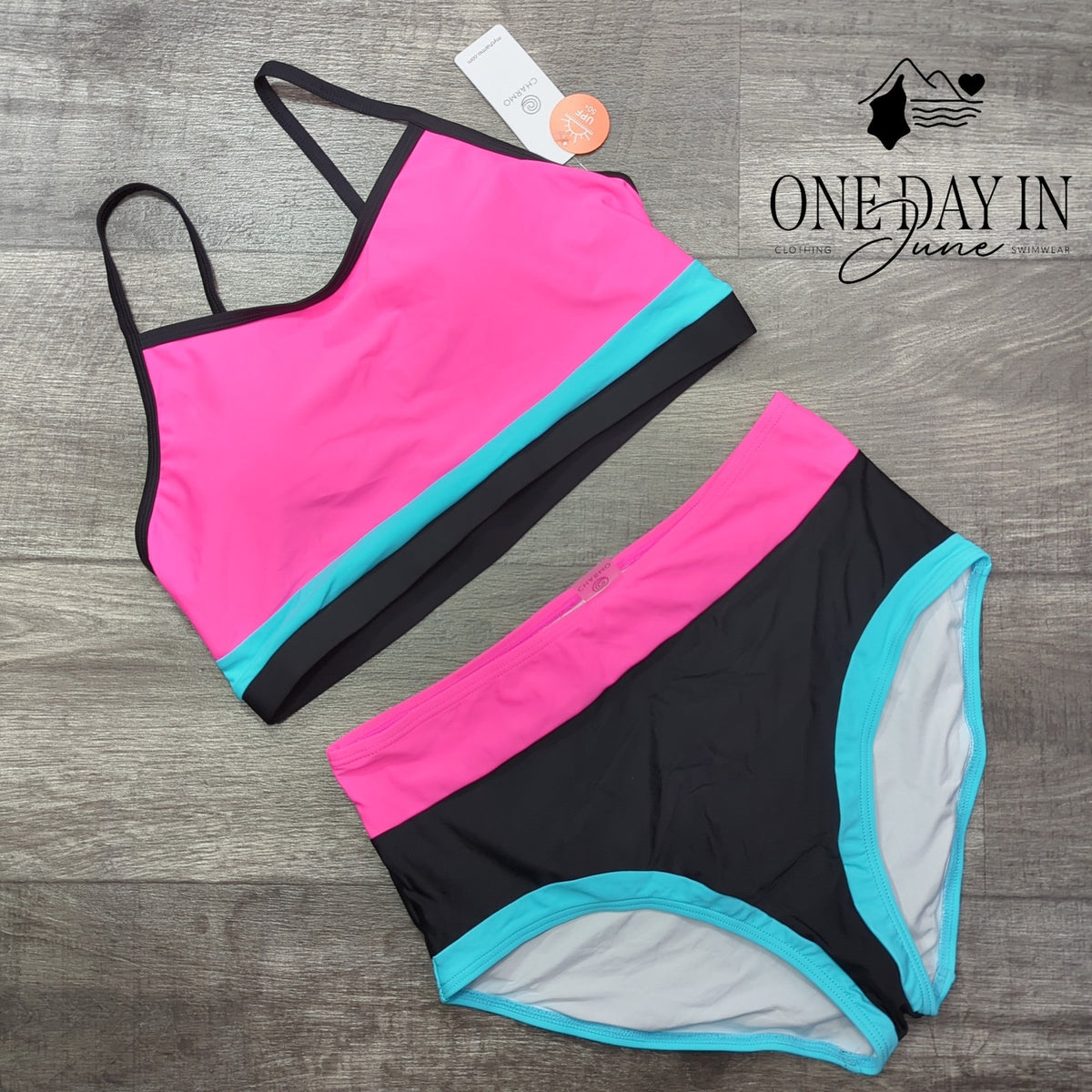 Charmo High Waist Colorblock Crop Top Bikini Swimsuit Pink Aqua NWT Size XL