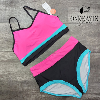 Charmo High Waist Colorblock Crop Top Bikini Swimsuit Pink Aqua NWT Size XL