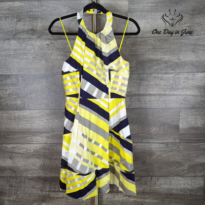Jessica Simpson Halter Dress Yellow Navy Striped Handkerchief Hem NWT Size 6
