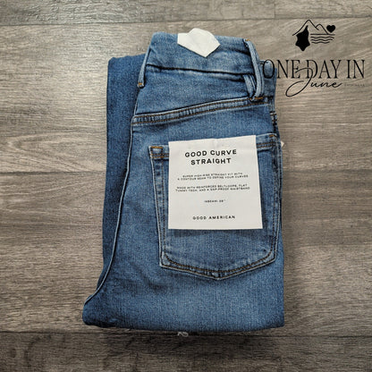 Good American Good Curve Straight Jeans Indigo338 Distressed NWT Size 00