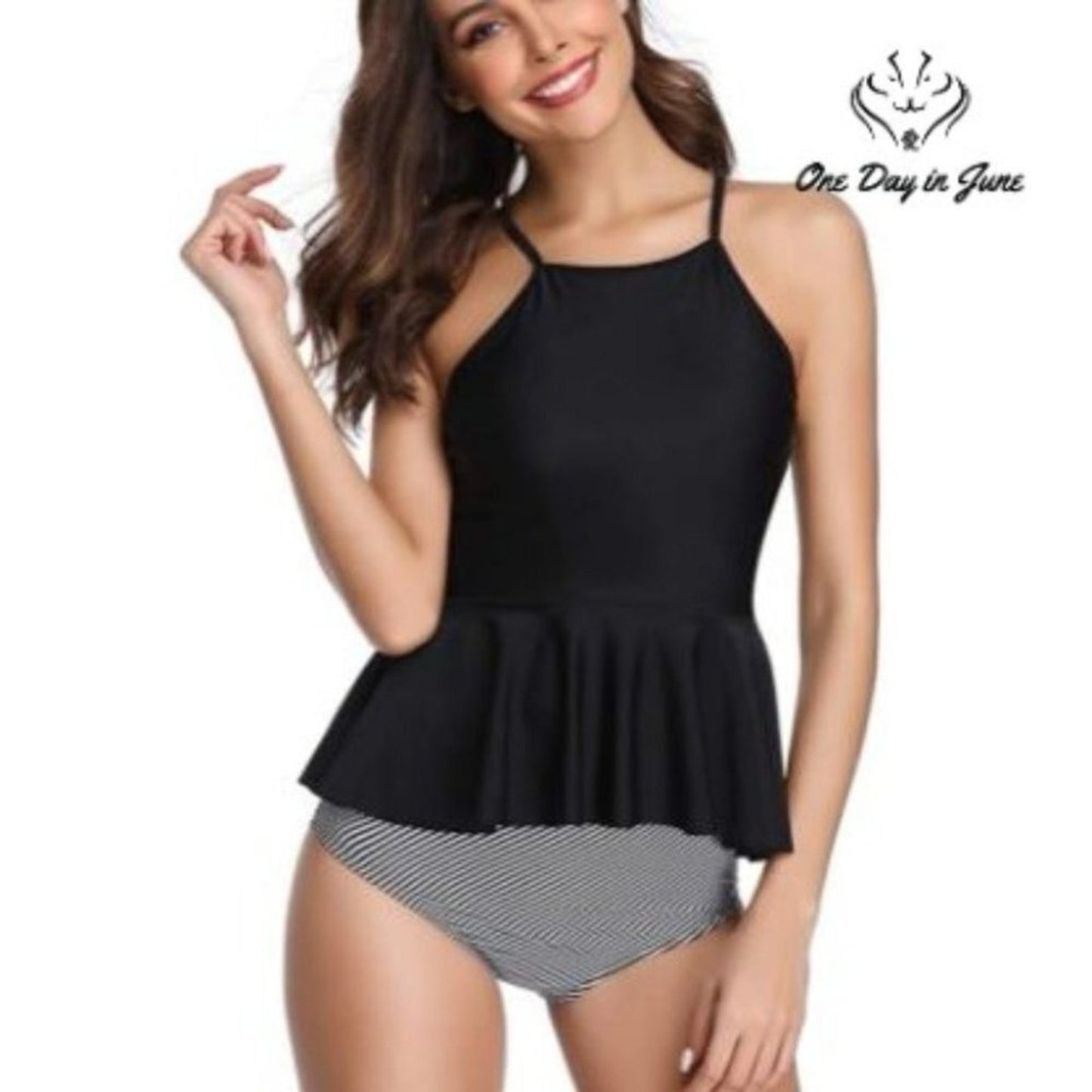 Marinavida Ruffle Peplum High Waist Bikini Swimsuit Black Stripe NWT Size S