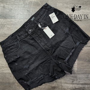 Good American Bombshell High Rise Distressed Denim Shorts Black NWT Size 16