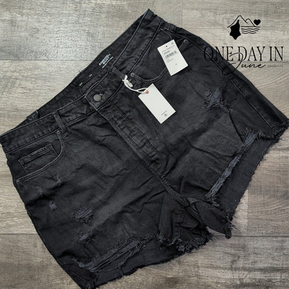 Good American Bombshell High Rise Distressed Denim Shorts Black NWT Size 16