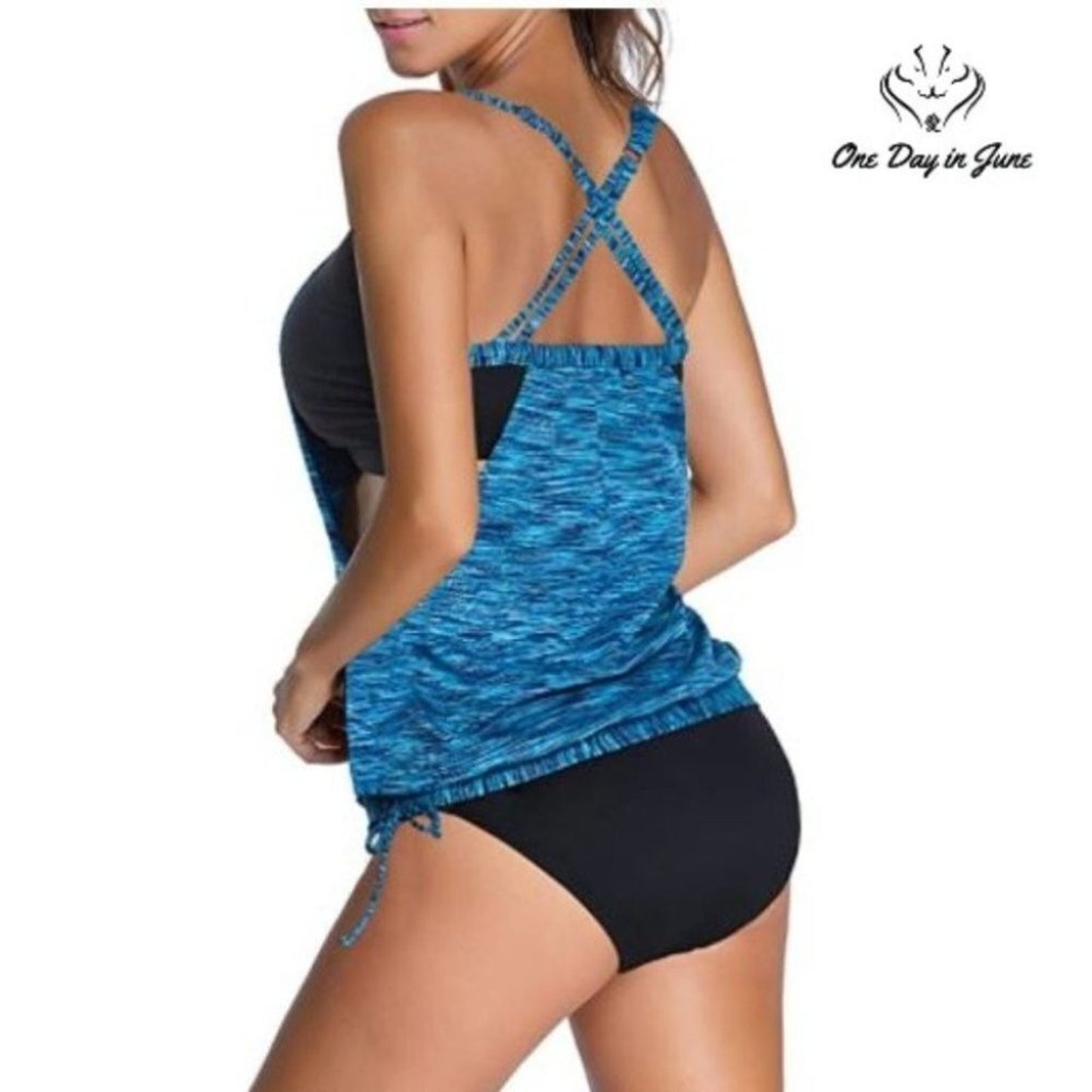 Dokotoo Double Up Tankini Swimsuit Blue Black Blouson Tie Side 2 Piece Size S