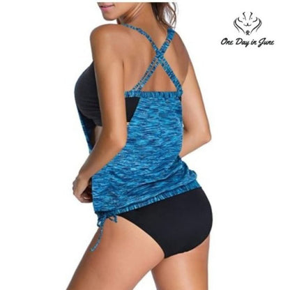 Dokotoo Double Up Tankini Swimsuit Blue Black Blouson Tie Side 2 Piece Size S