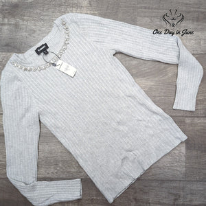 Express Ribbed Long Sleeve Top Jeweled Rhinestone Neckline Gray NWT Size M