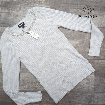 Express Ribbed Long Sleeve Top Jeweled Rhinestone Neckline Gray NWT Size M