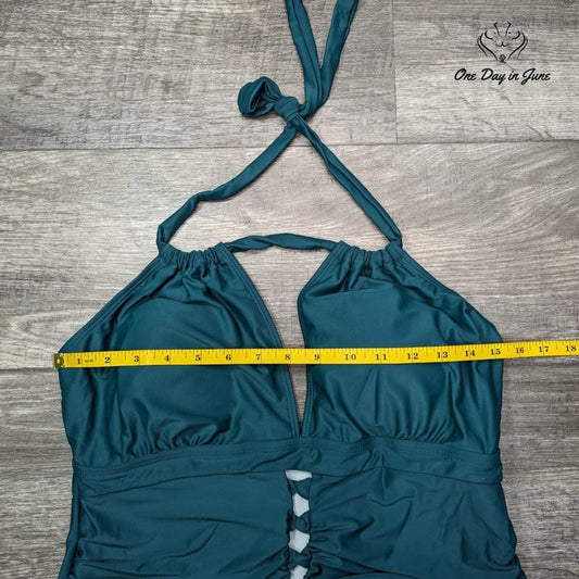 Charmo V Neck Cut Out Tummy Control One Piece Swimsuit Green Size 2XL