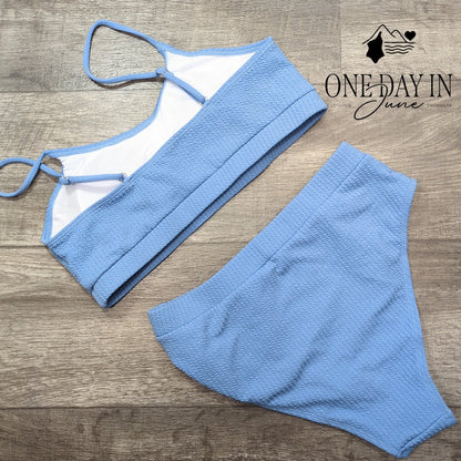 Aleumdr Textured Crop Top Bikini Swimsuit Blue High Waist 2 Piece Size L