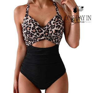 Eomenie Leopard Print Cross Front Cut Out Tie Back One Piece Swimsuit NWT Size L