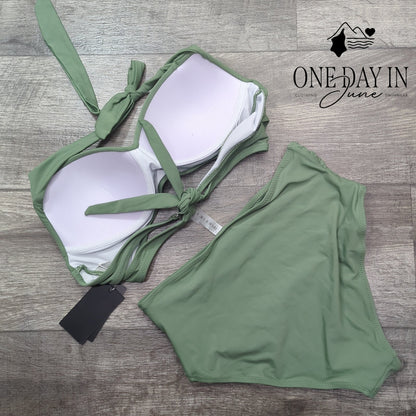 Tempt Me Cross Front High Waisted Bikini Swimsuit Sage Green NWT Size M
